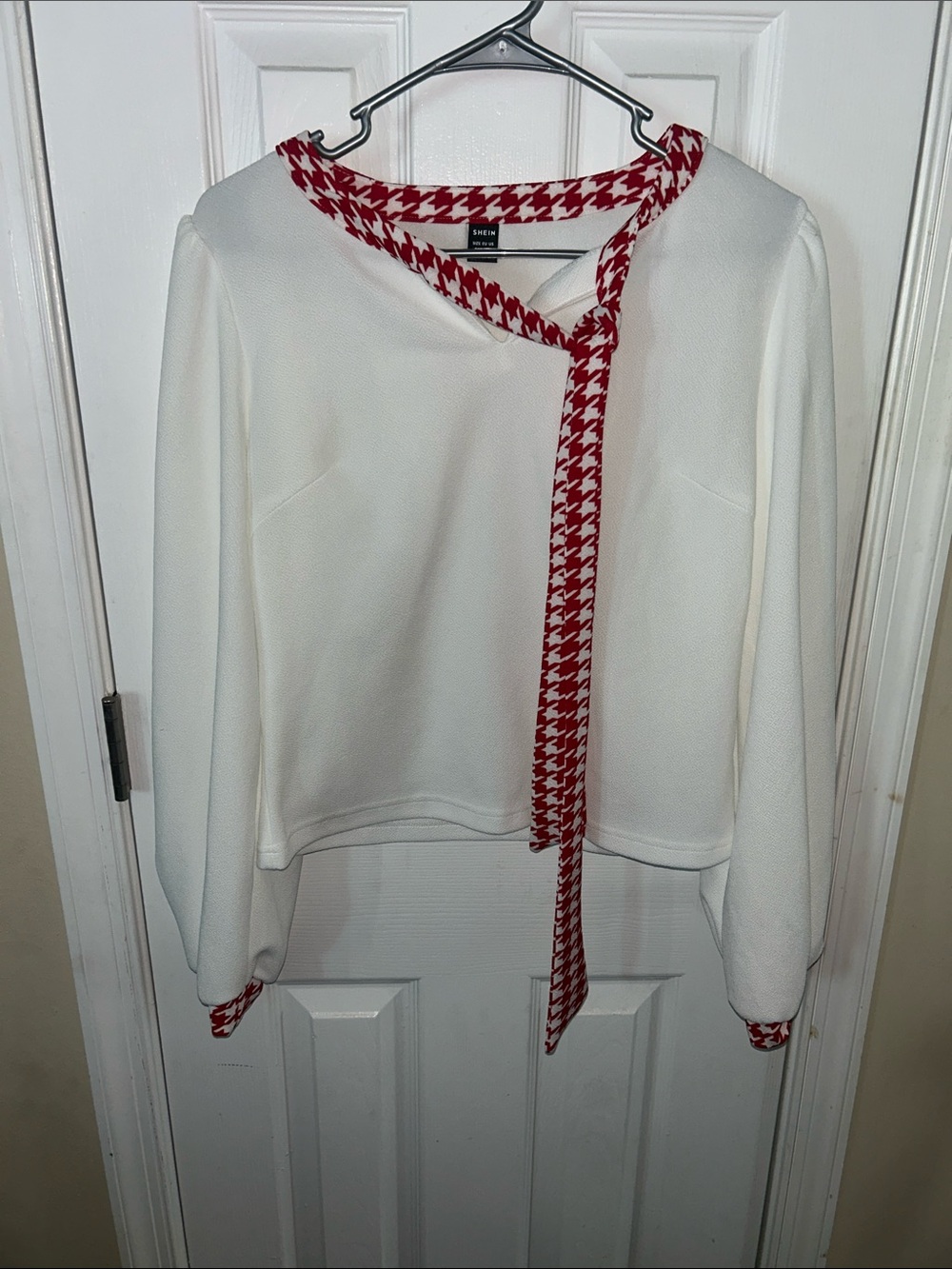 White Long Sleeve Top with Red Houndstooth Trim